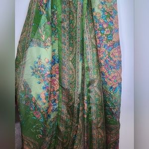 VINTAGE silk green blue orange floral print Rectangular scarf 19 x 69 inches